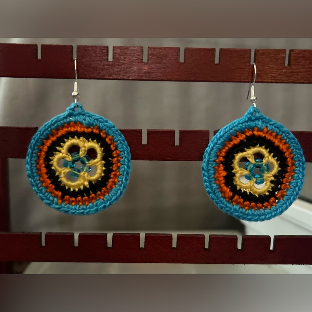 Blue orange black yellow crochet earrings